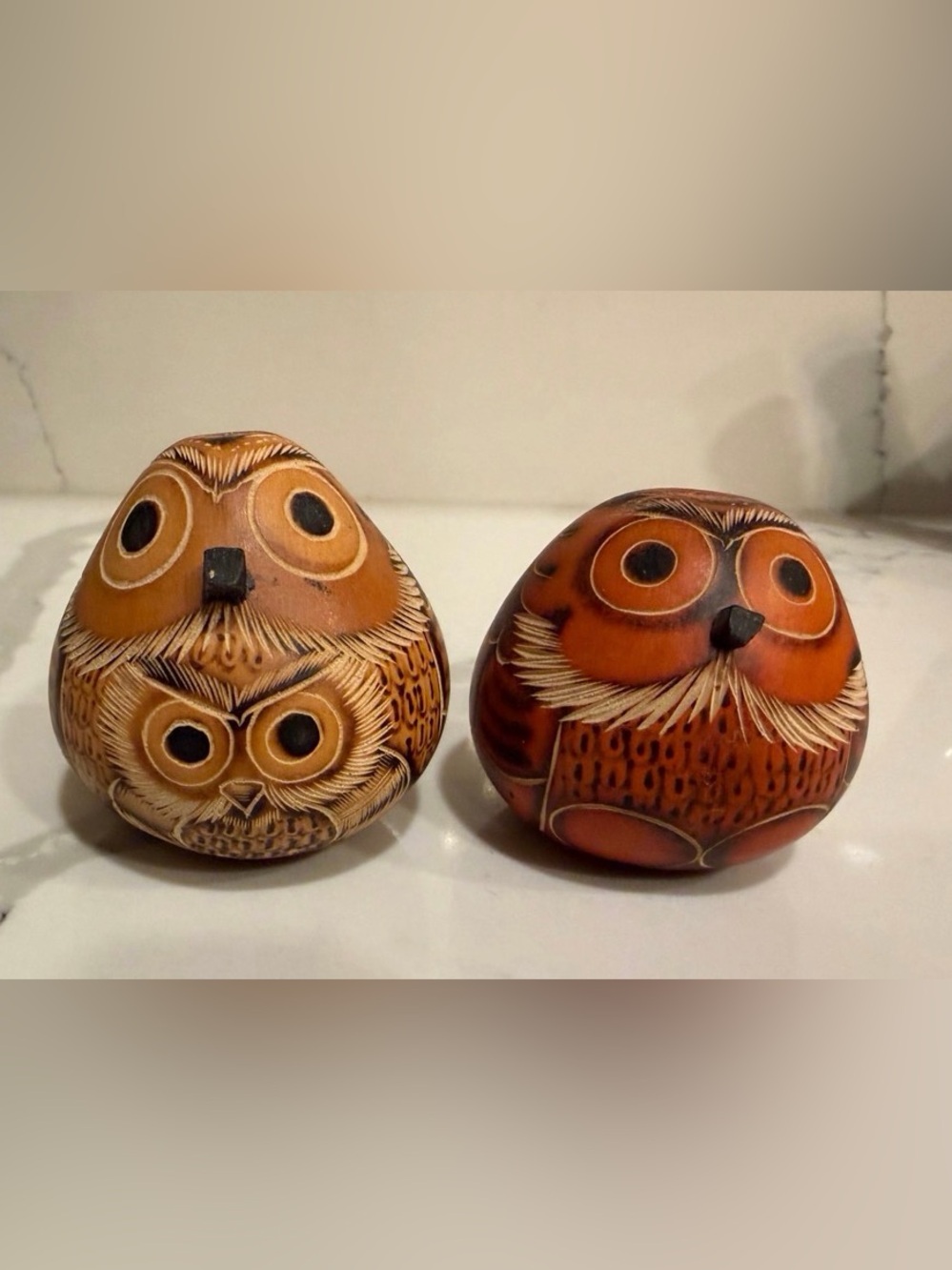 Vintage Hand Carved Peruvian Gourd Owl Figurines Set of 2 Folk Art